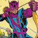 Hawkeye as seen in the original Marvel Comics, wearing his classic purple and blue suit.